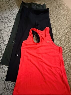 Under Armour Women’s Tank Top in Bright Coral, green and black leggings